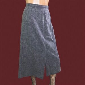 Vintage grey high waisted wool midi skirt with a double slit